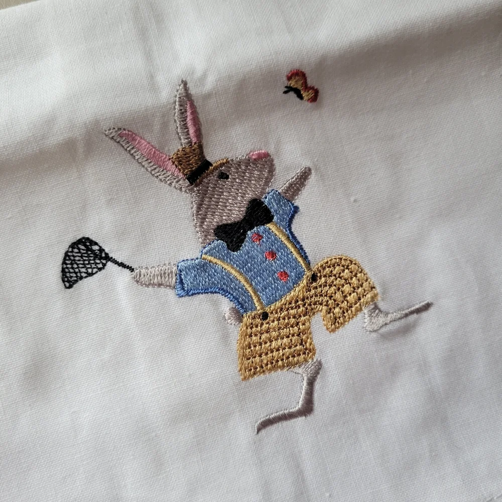 Embroidered Bunny Cotton Tea Towel Butterfly Easter Cute! FINAL PRICE!